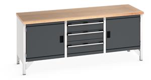 Bott Cubio Storage Workbench 2000mm wide x 750mm Deep x 840mm high supplied with a Multiplex (layered beech ply) worktop, 3 x drawers (1 x 200mm & 2 x 150mm high) and 2 x 500mm high integral storage cupboards each with an adjustable shelf.  ... 2000mm Wide Engineering Storage Benches with Cupboards & Drawers